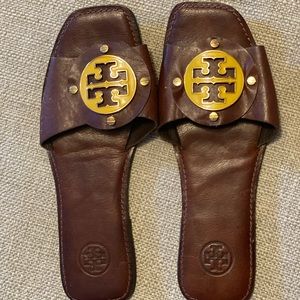 Tory Burch Brown Leather Slides + Yellow TT logo